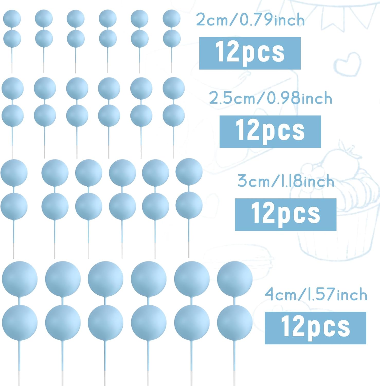 48 Pcs Light Blue Foam Cake Topper Decorations