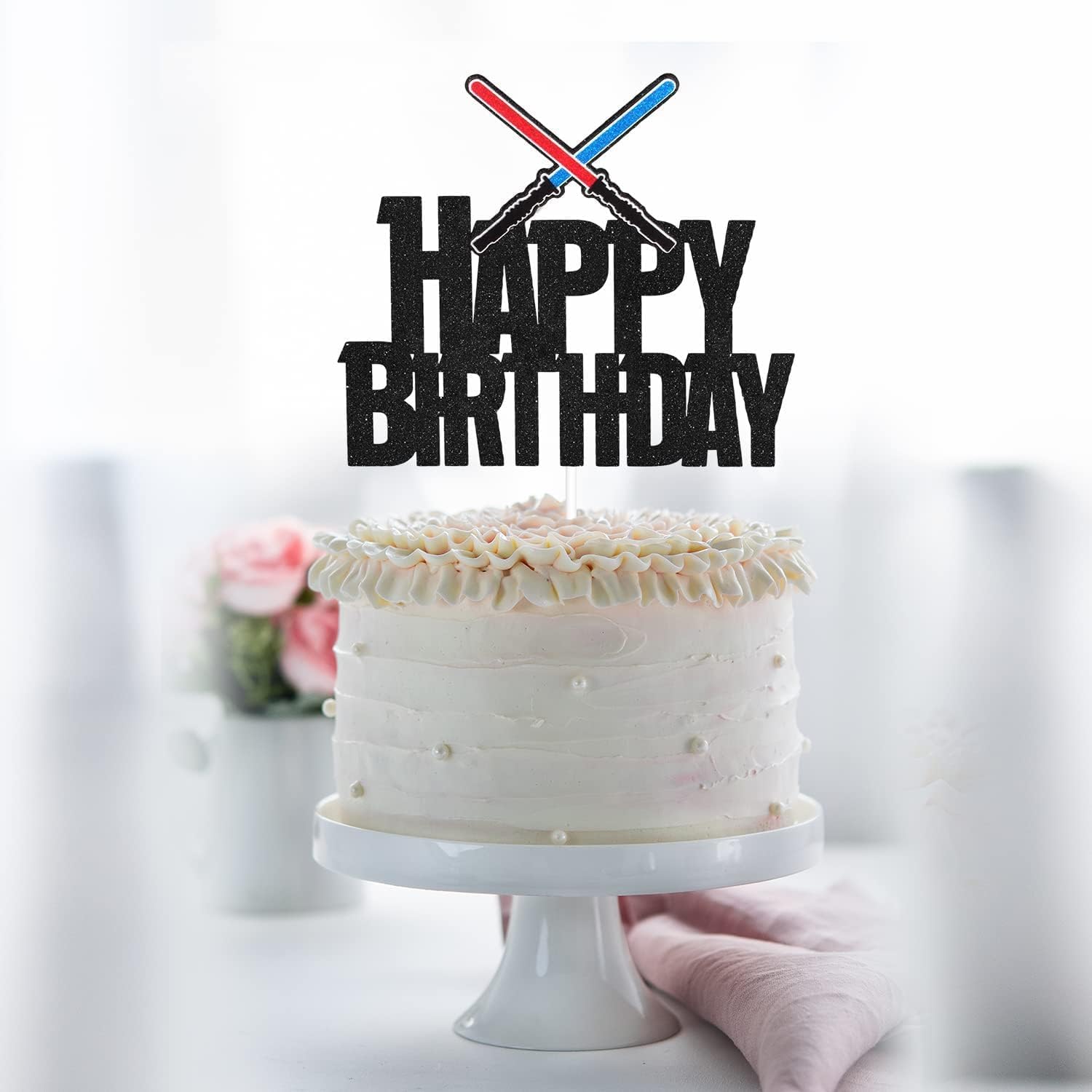 Darth Vader Birthday Cake Topper - Black Glitter Alien War Decor