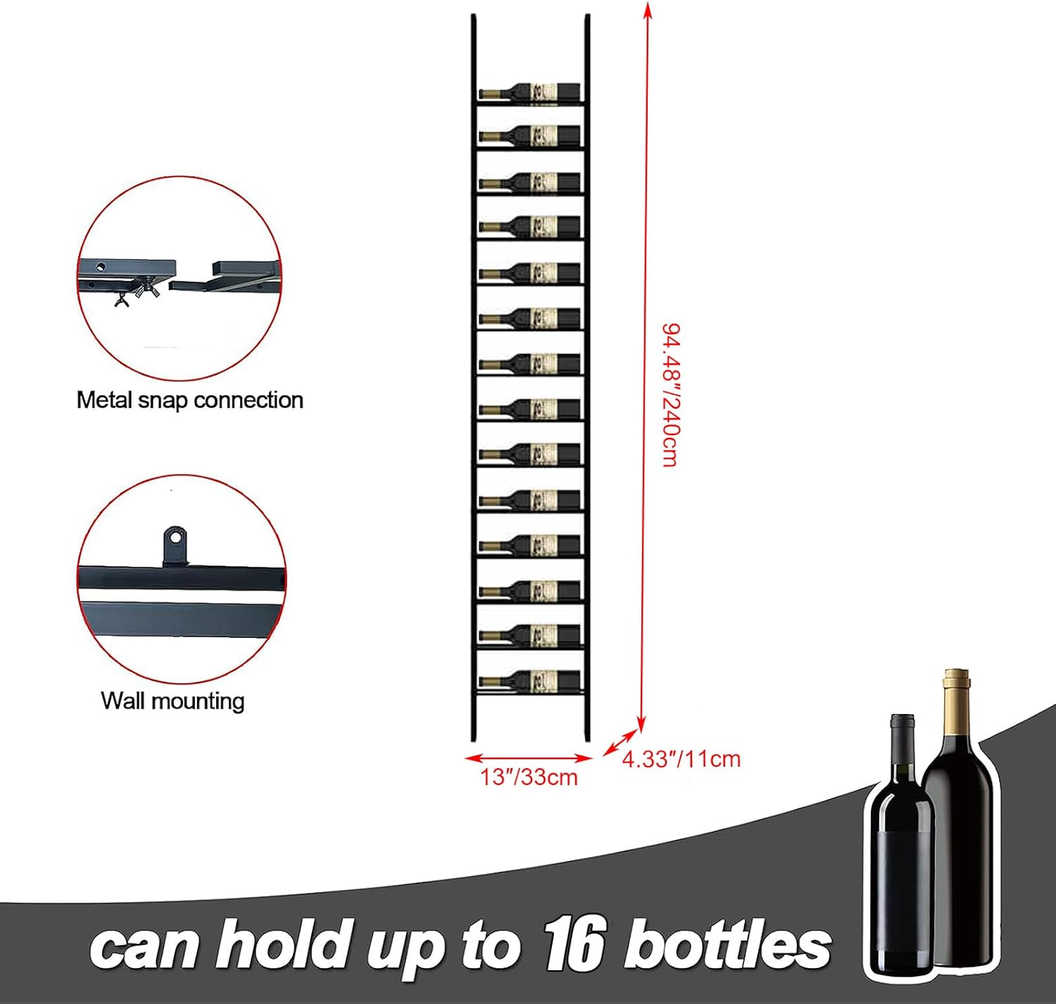 RAJYQODIS 16 Tier Freestanding Wine Rack Black