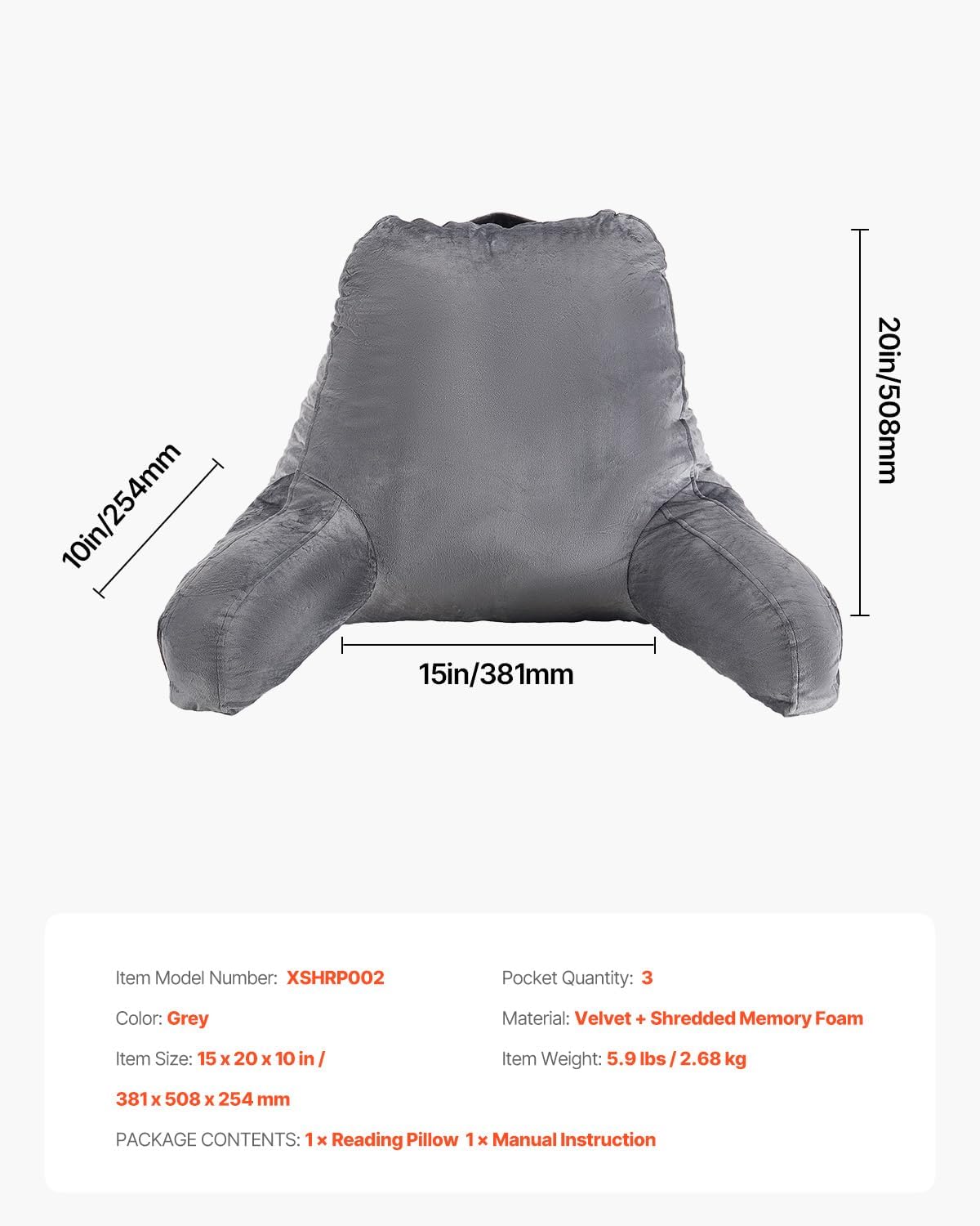 VEVOR Reading Pillow with 3 Pockets and Memory Foam