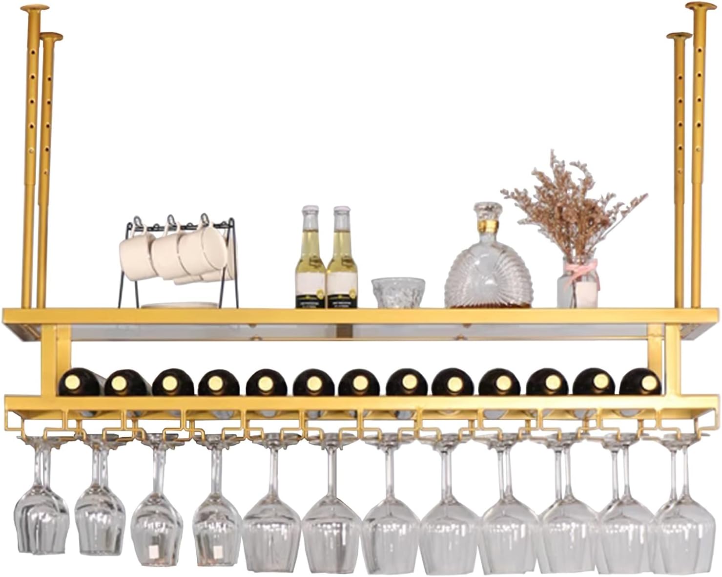 Whalebee Metal Ceiling Wine Rack with 3 Tiers Adjustable Holder