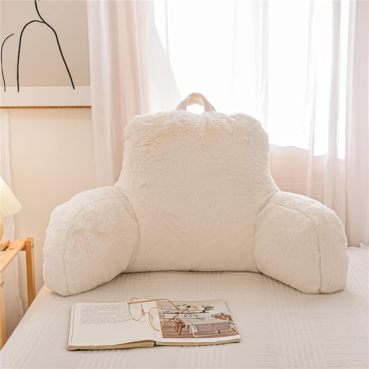 Holawakaka Faux Fur Bed Rest Reading Pillow with Arms