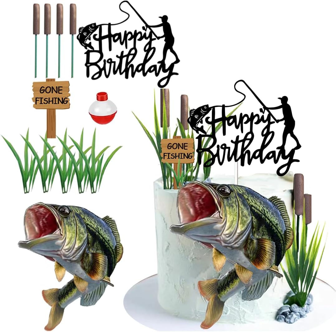 Gone Fishing Cake Topper with Largemouth Bass Sign