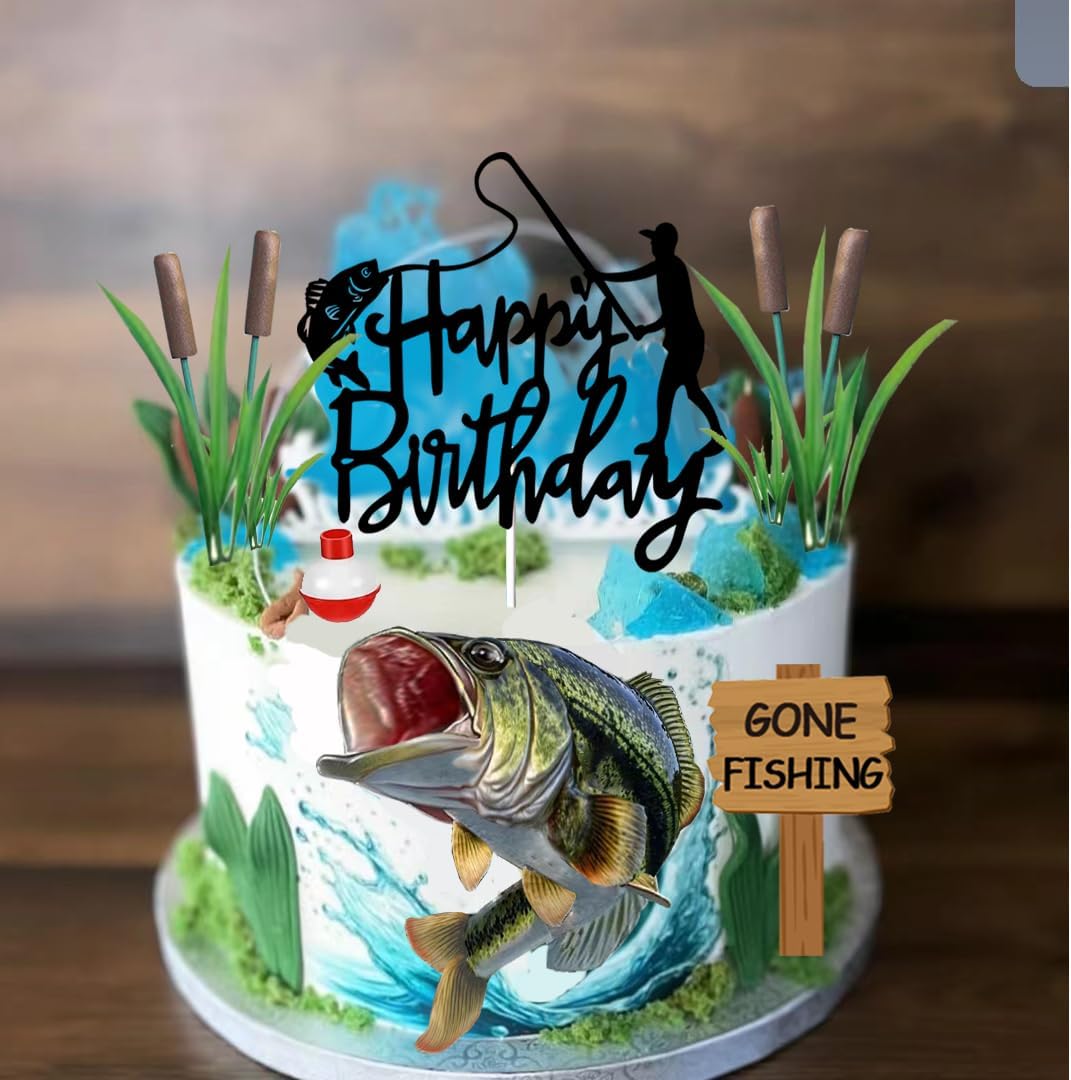 Gone Fishing Cake Topper with Largemouth Bass Sign