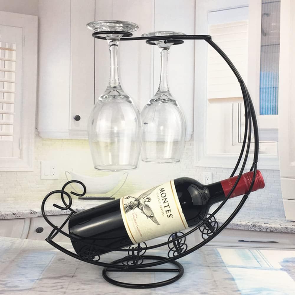 Homya Tabletop Metal Wine Rack 1 Bottle 2 Glasses