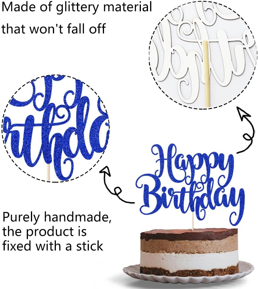 Happy Birthday Cake Topper - Deep Blue Glitter Decor
