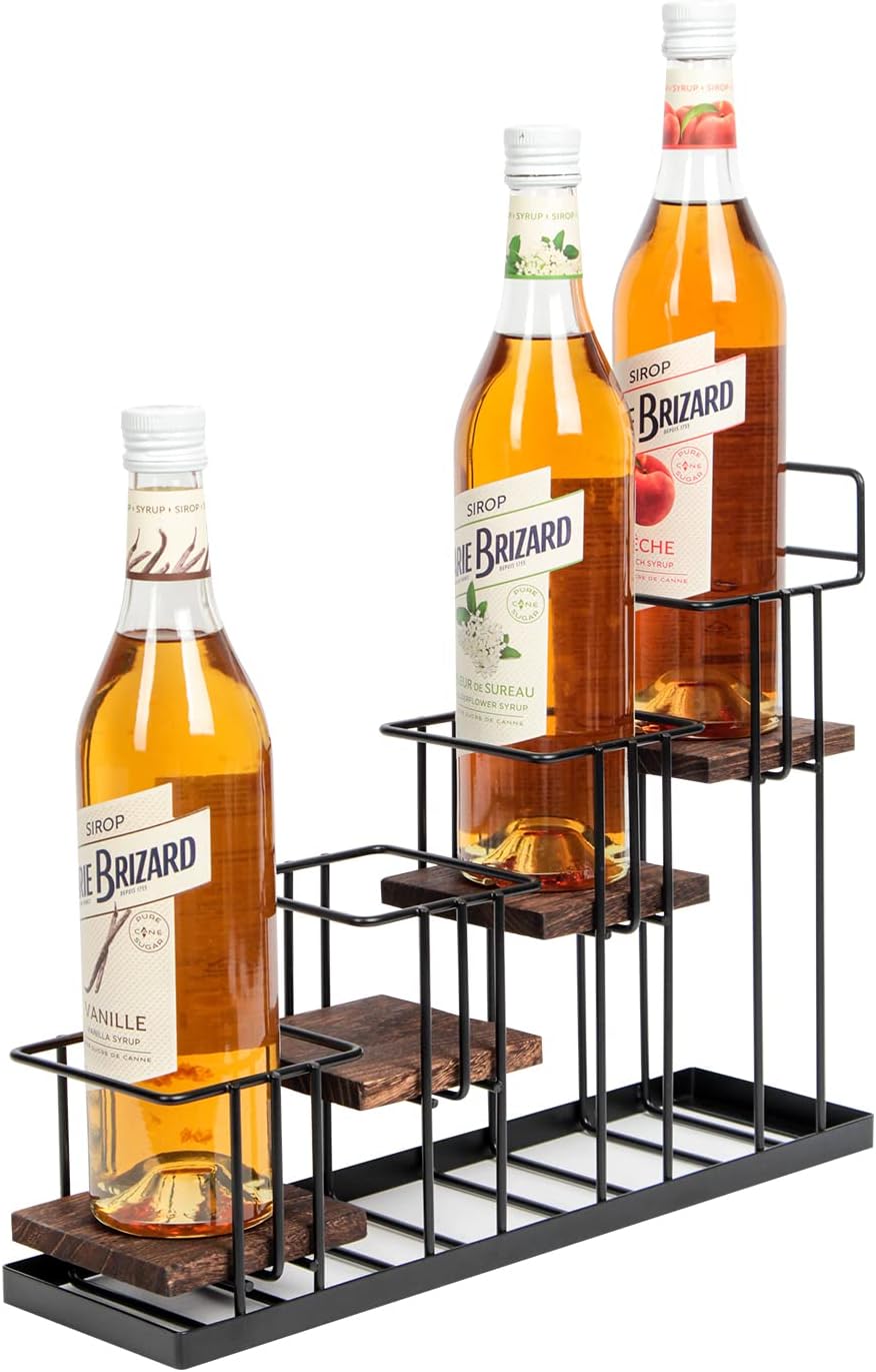 4-Tier Coffee Syrup Organizer Rack with Rustic Wood and Metal Frame