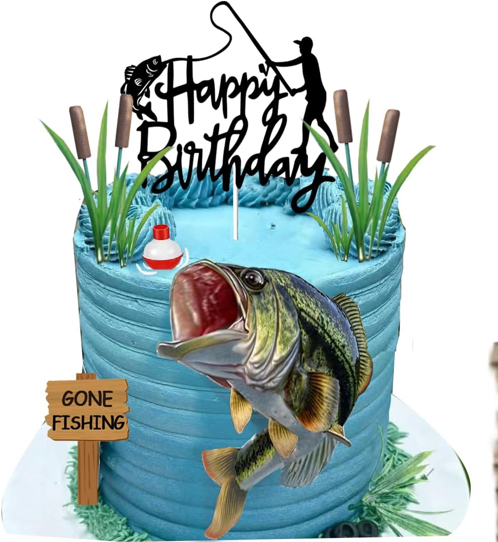 Gone Fishing Cake Topper with Largemouth Bass Sign