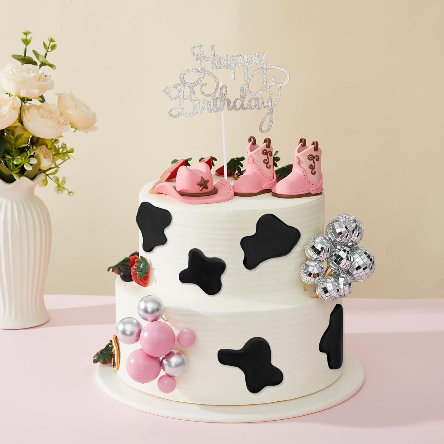 26 Pieces Pink Cowgirl Cake Decorations for Western Party