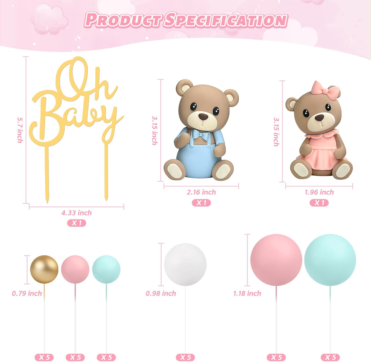 33 PCS Bear Cake Toppers for Baby Shower and Gender Reveal 1
