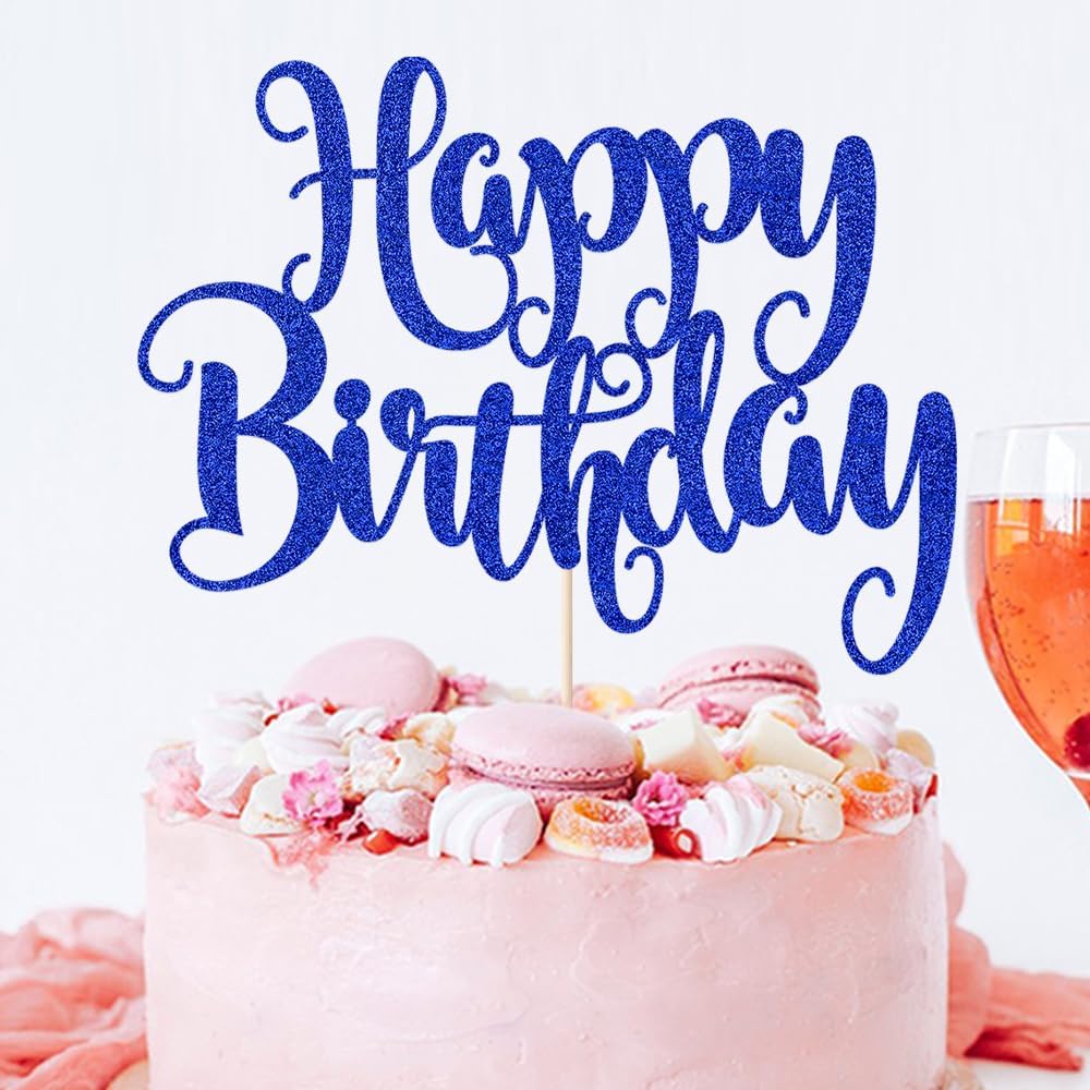 Happy Birthday Cake Topper - Deep Blue Glitter Decor
