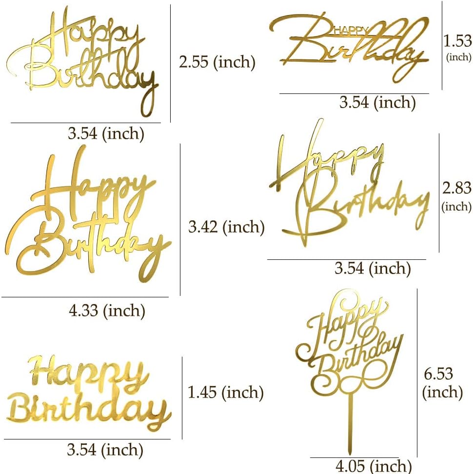 Happy Birthday Cake Toppers 6pcs Set Mirror Gold