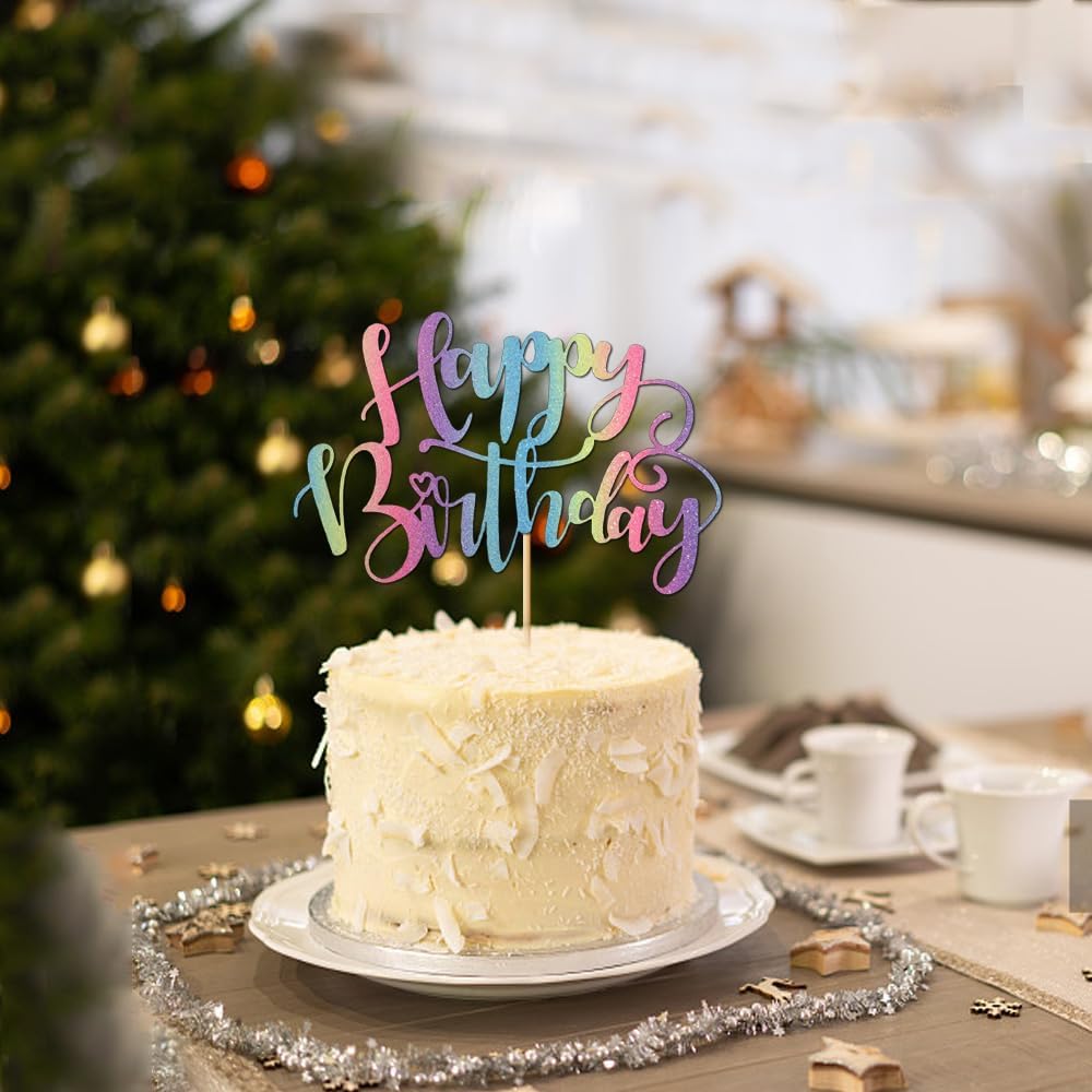 Naicaek Handmade Glitter Birthday Cake Topper with Rainbow Design