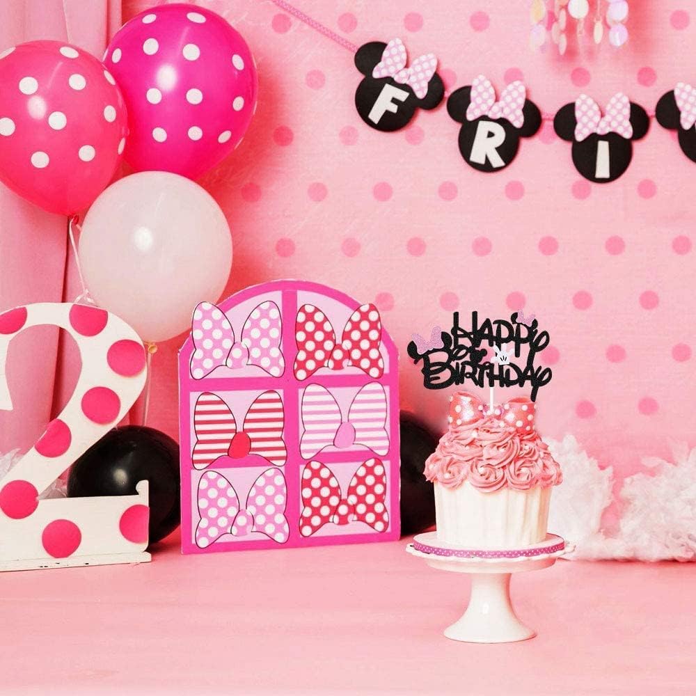 BOGZON Black Glitter Minnie Birthday Cake Topper with Pink Bows and White Gloves
