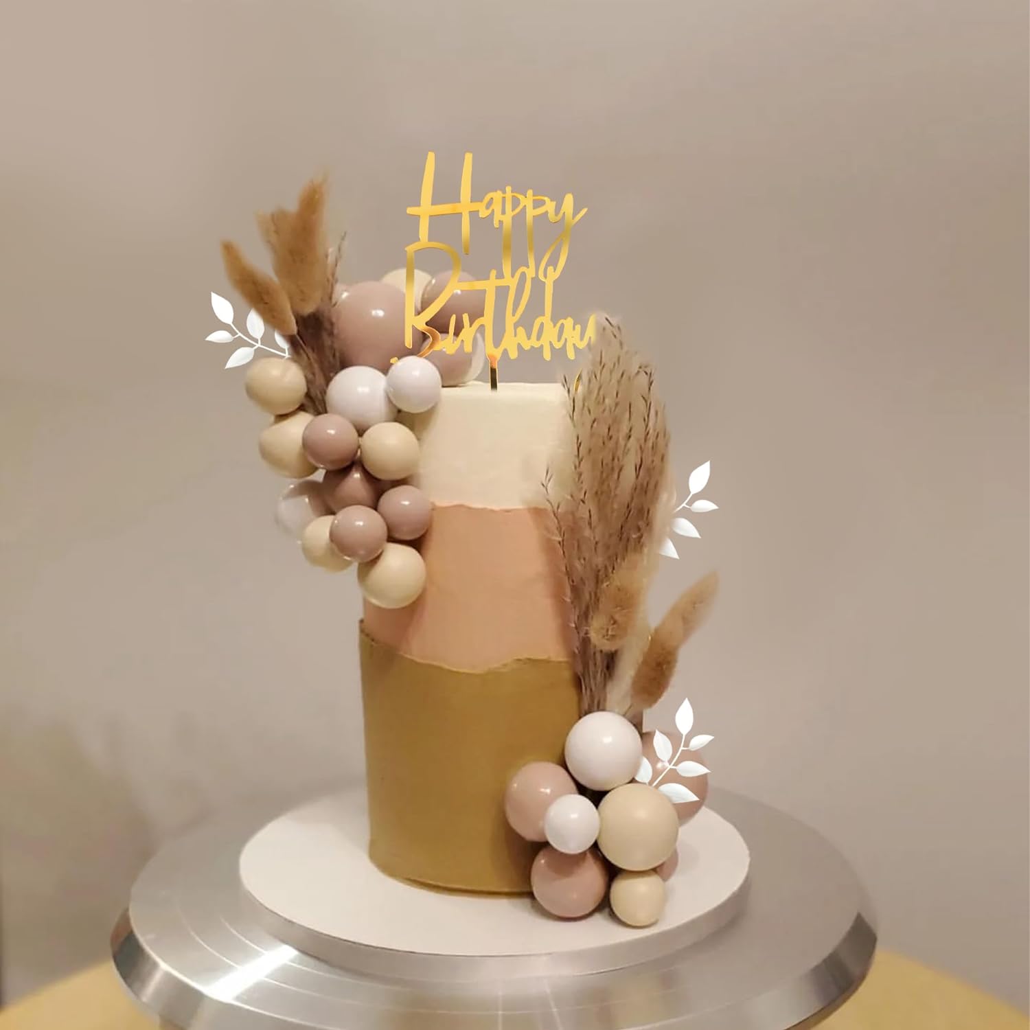 DRWATE Boho Khaki White Gold Pearl Balls Cake Toppers