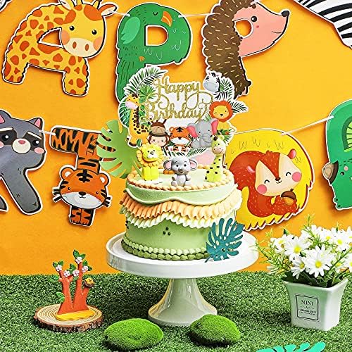 Clabby 2 Pieces Jungle Animals Birthday Banner Cupcake Topper