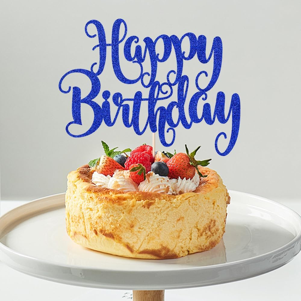 Happy Birthday Cake Topper - Deep Blue Glitter Decor