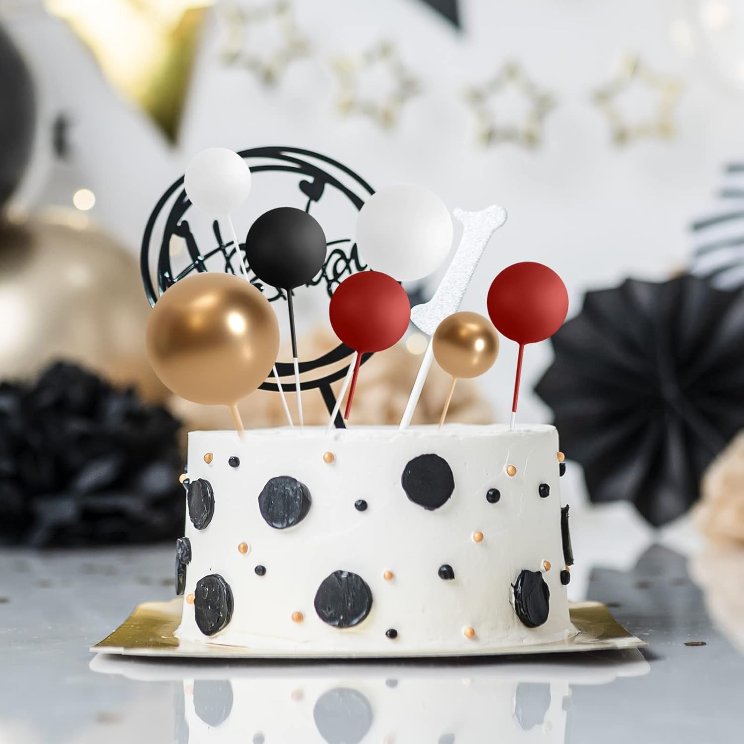 ASTARON 32 Pcs Ball Cake Topper Decorations Red Black