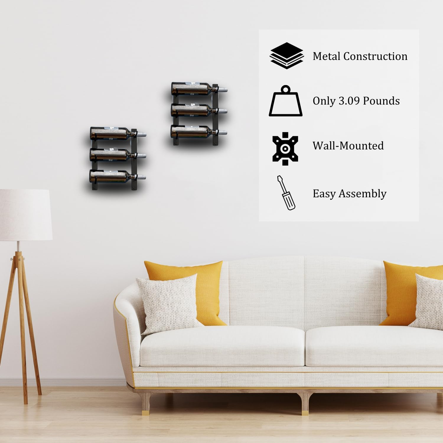 3-Bottle Black Metal Wall Wine Rack Modern Industrial Design