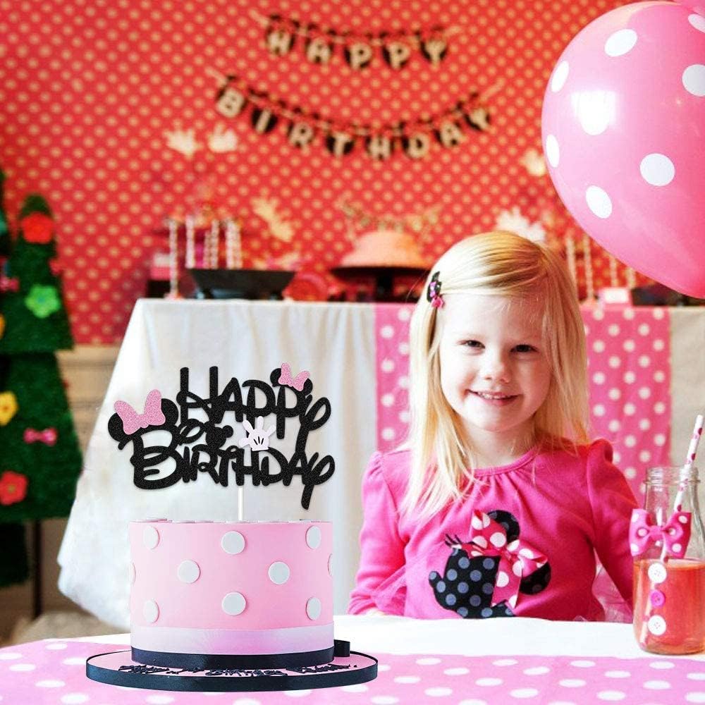 BOGZON Black Glitter Minnie Birthday Cake Topper with Pink Bows and White Gloves
