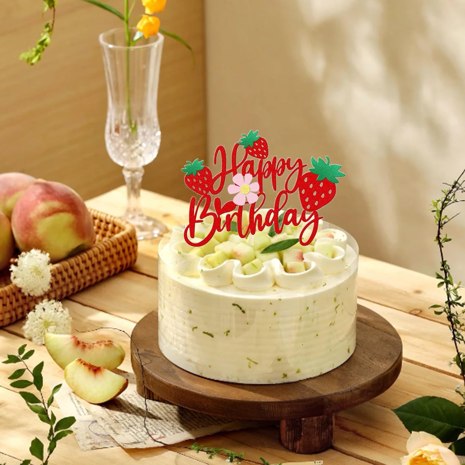 ZitTRo 1Pcs Happy Birthday Glitter Strawberry Cake Topper