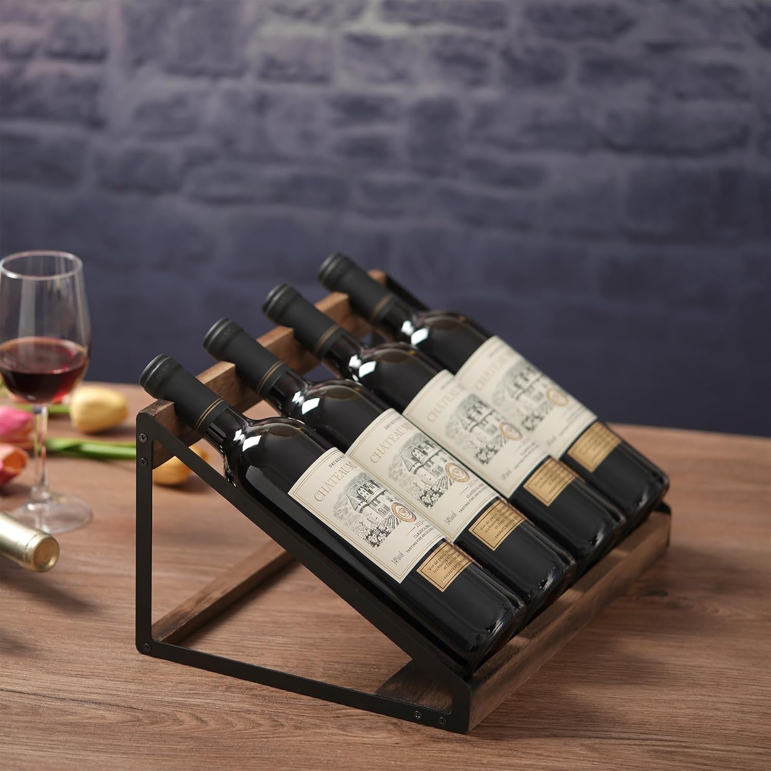 TRSPCWR Wooden Wine Rack 4 Bottle Countertop Organizer