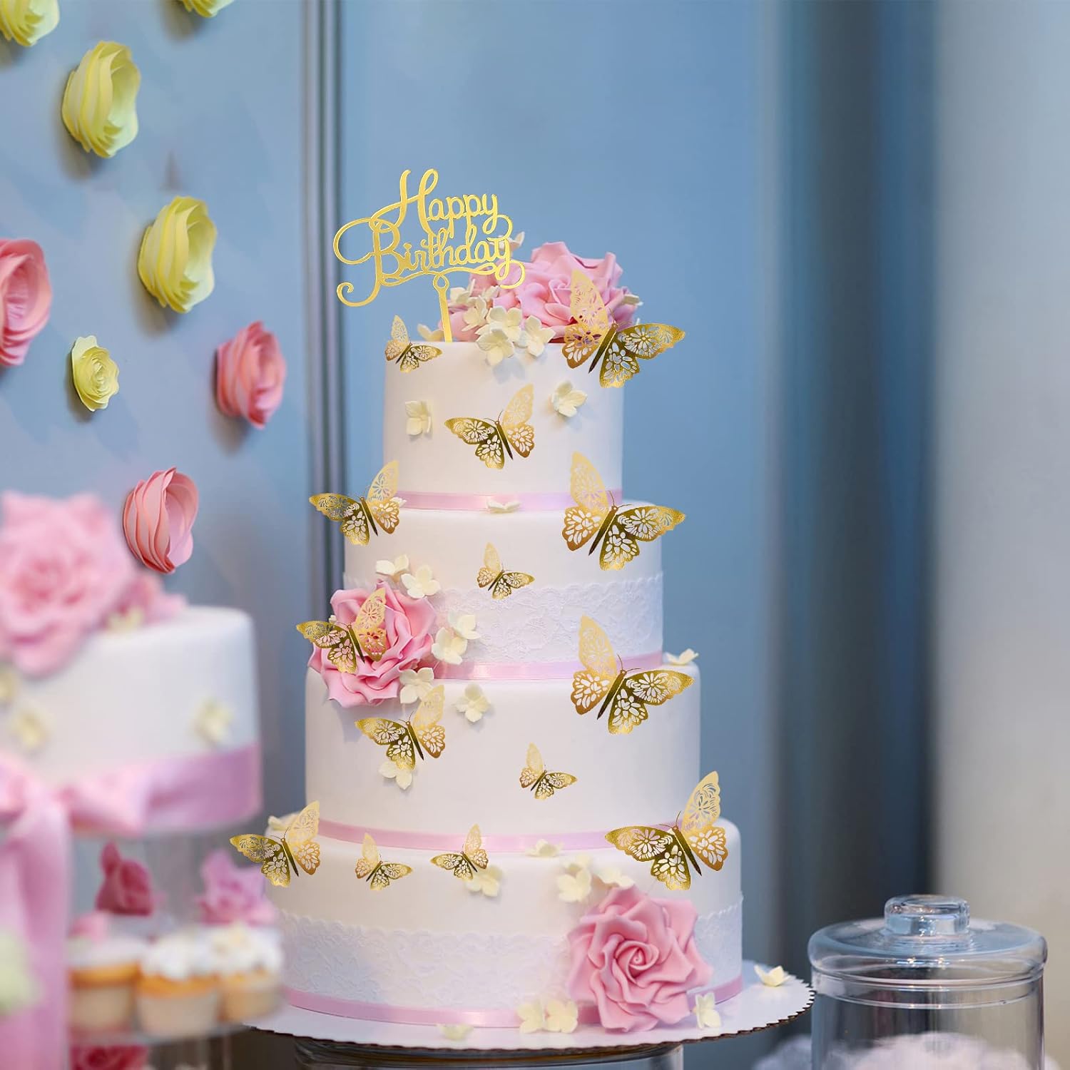 24Pcs Gold Butterfly Cake Decorations with Birthday Sign