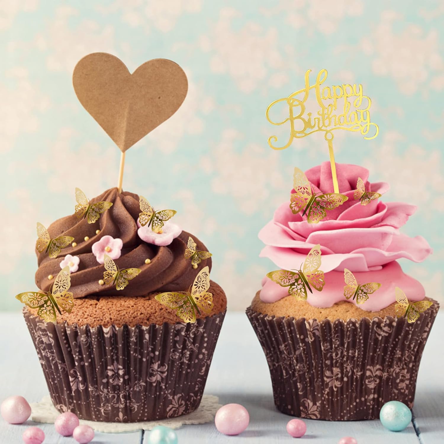 24Pcs Gold Butterfly Cake Decorations with Birthday Sign