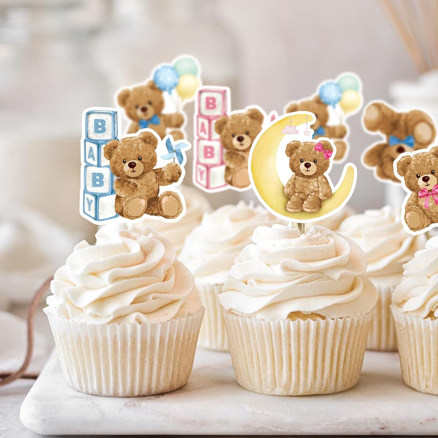 30pcs Blue Pink Bear Cupcake Toppers for Gender Reveal