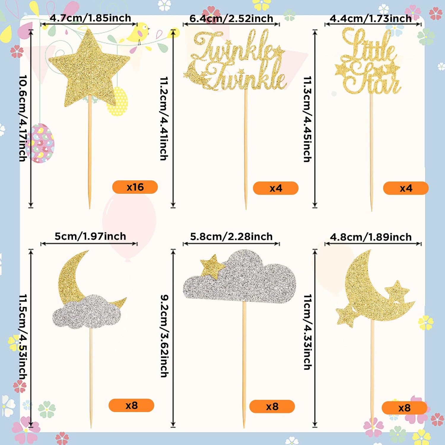 48 Pcs Glitter Star Cupcake Toppers Gold Silver 1