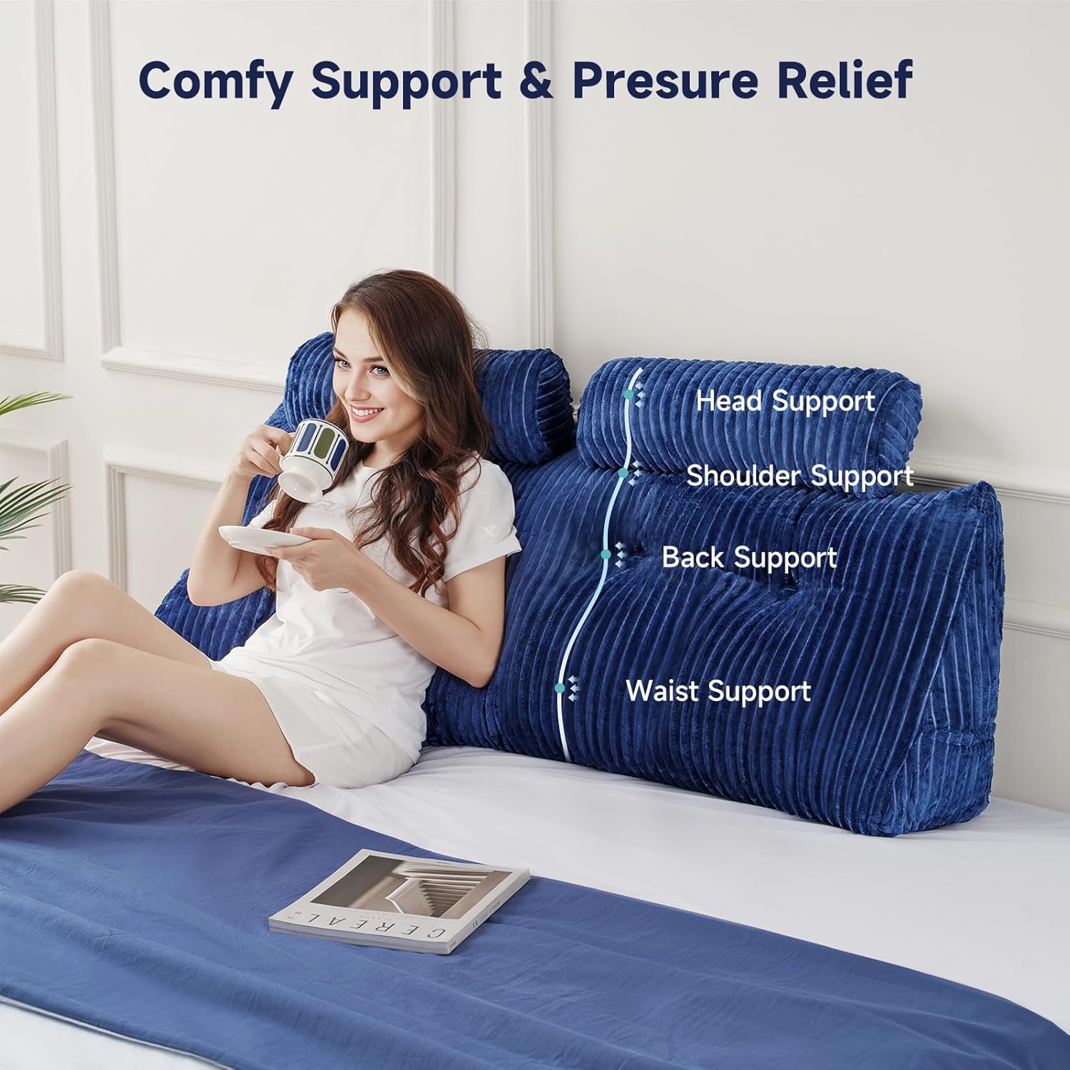 Z-hom Queen Headboard Pillow with 2 Roll Pillows - Blue