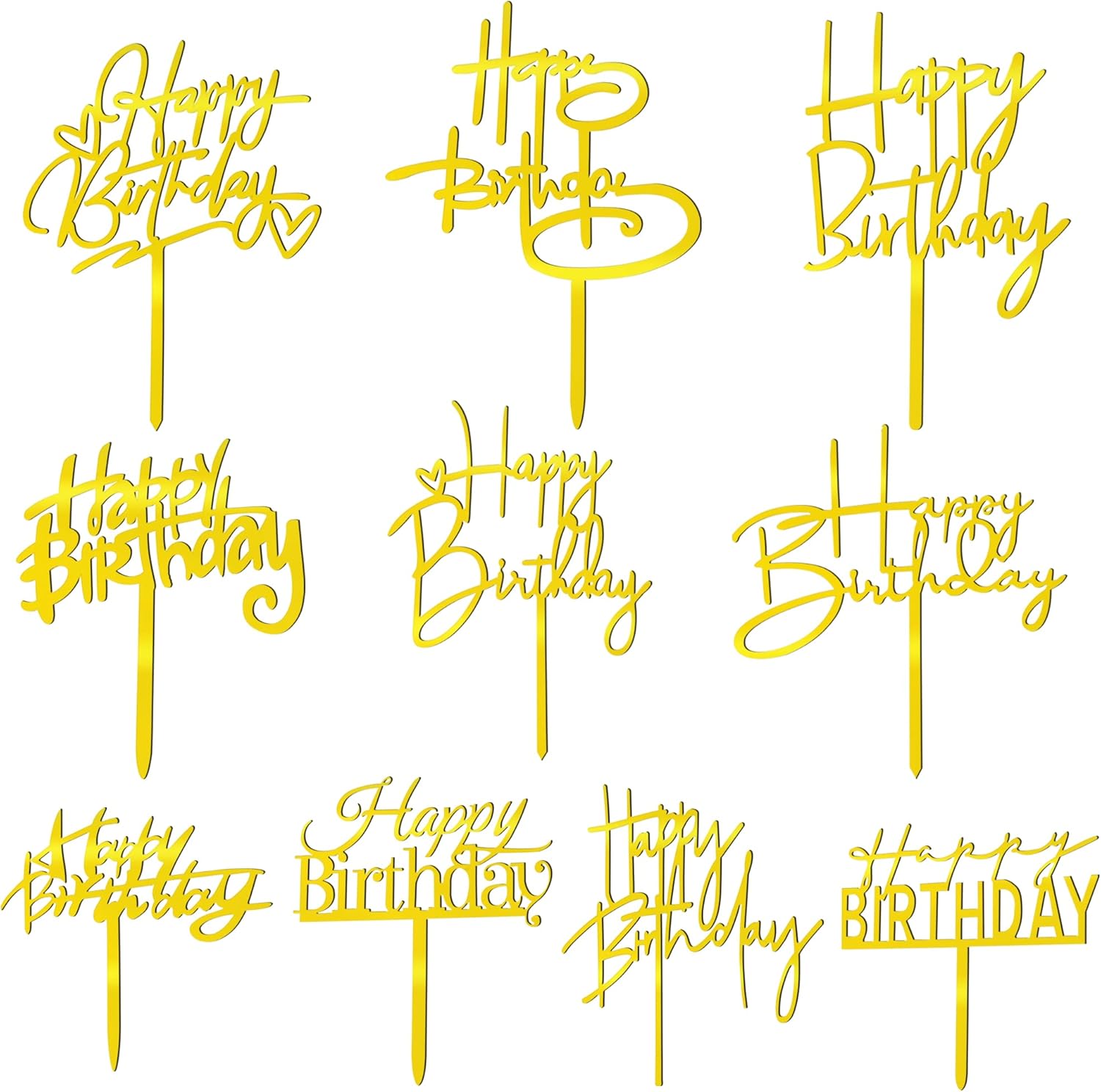 10 PCS Gold Birthday Cake Toppers Acrylic Decorations