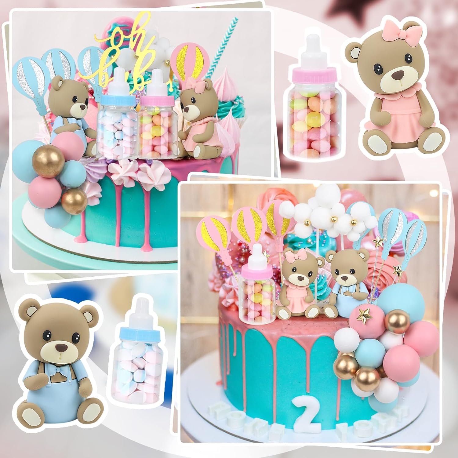 47 PCS Bear Cake Toppers for Gender Reveal Party