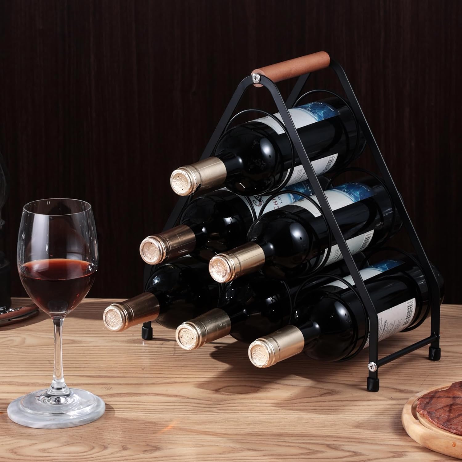 YimiBloss 6-Bottle Tabletop Wine Rack Black Triangle