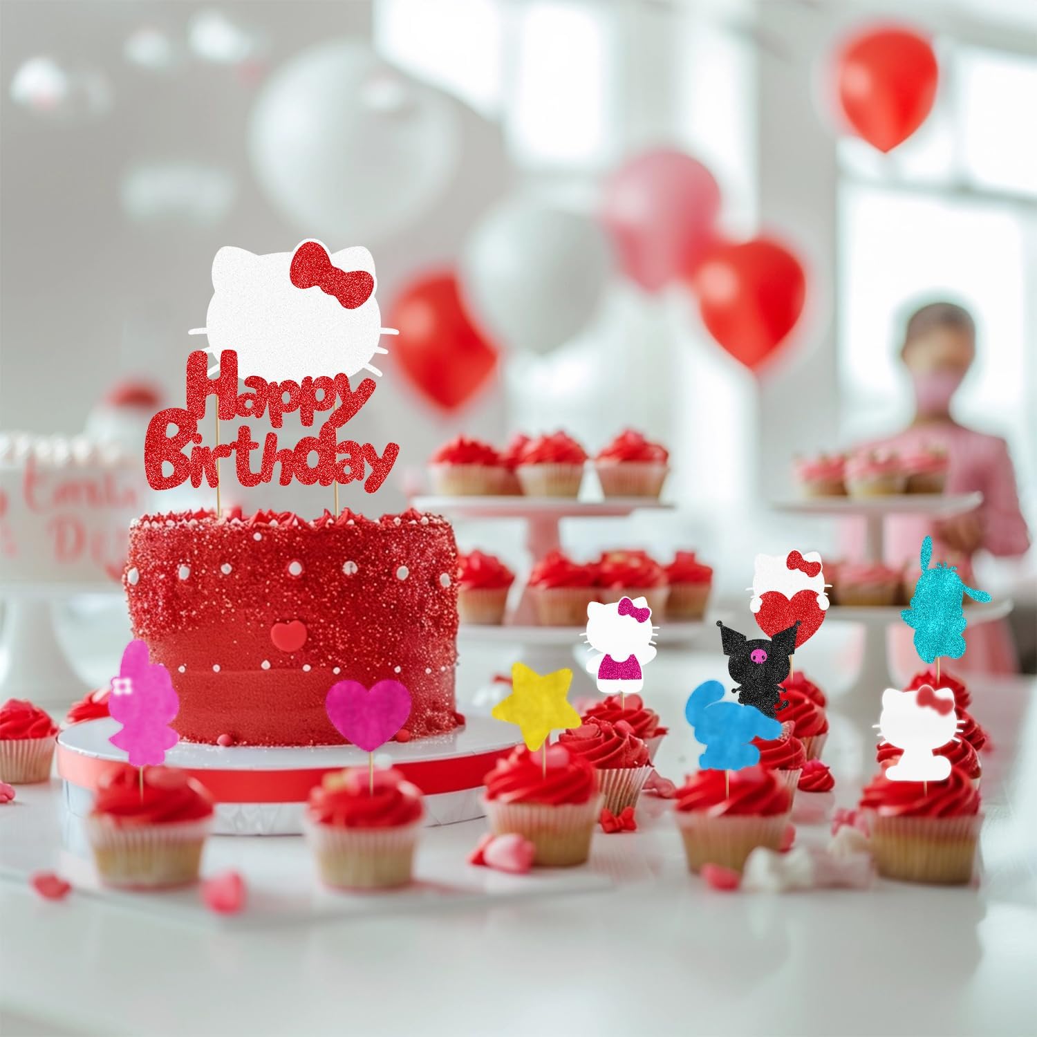 Cute Cat Birthday Cake Toppers 10Pcs Glitter Decor