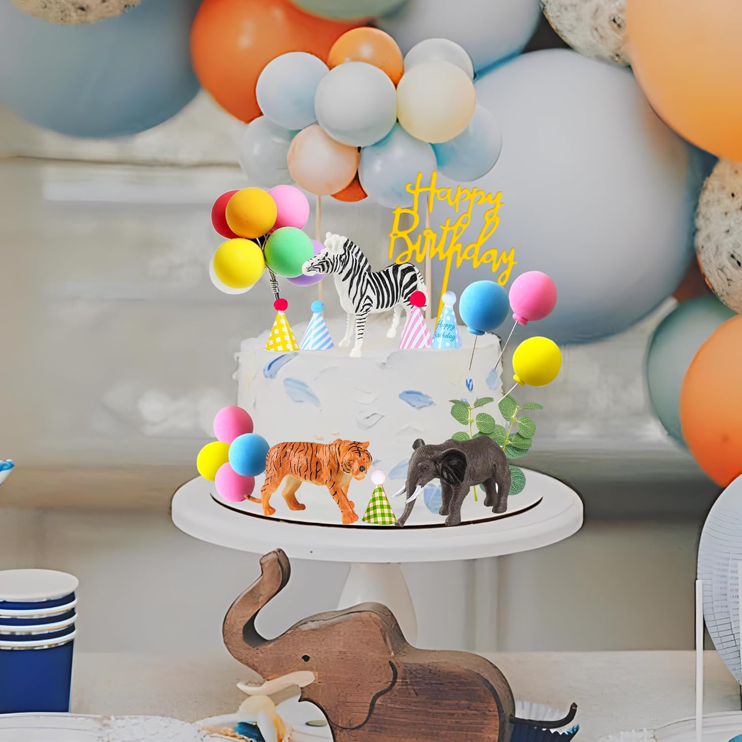 LEFUBABY Safari Animal Cake Toppers with Mini Hats and Balloons 1