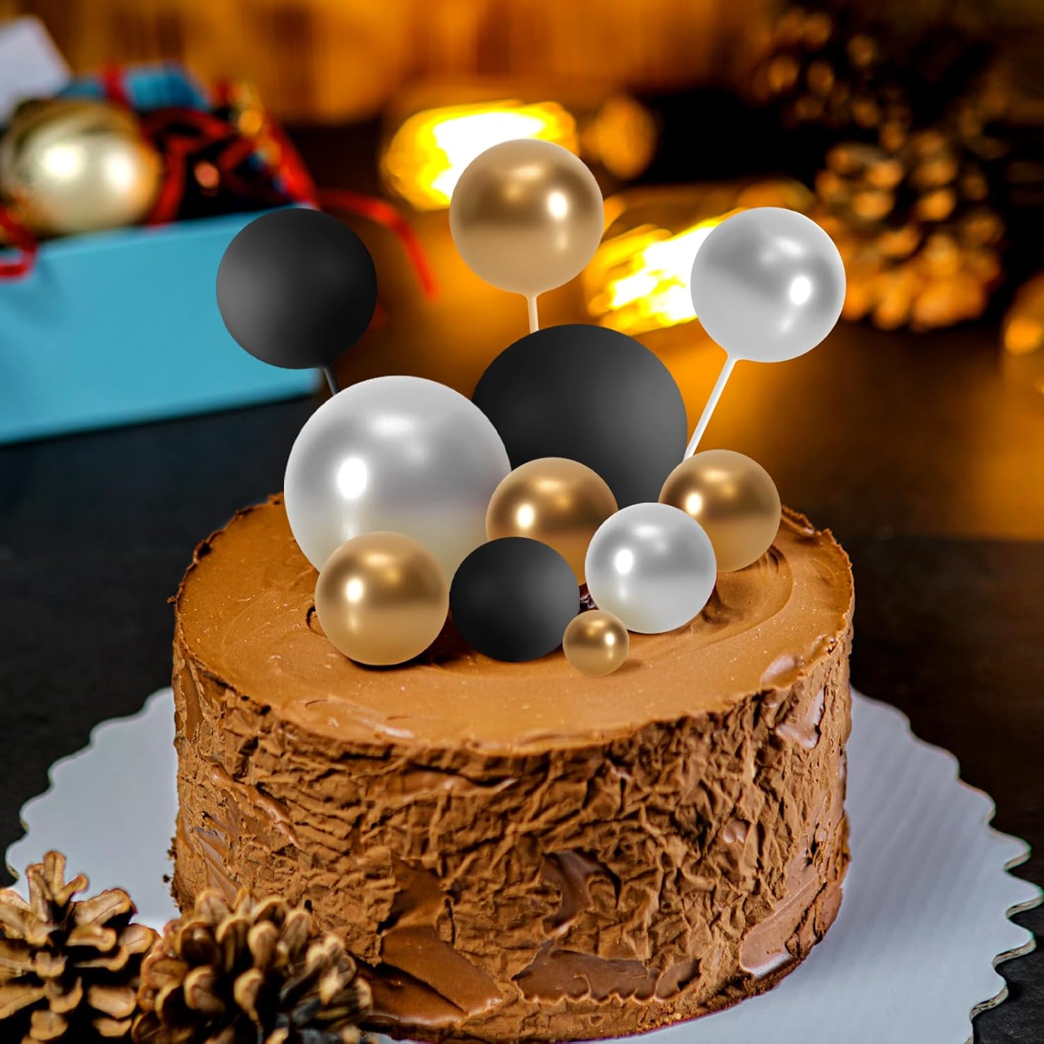 ASTARON 32 Pcs Gold Silver Black Foam Ball Cake Decorations