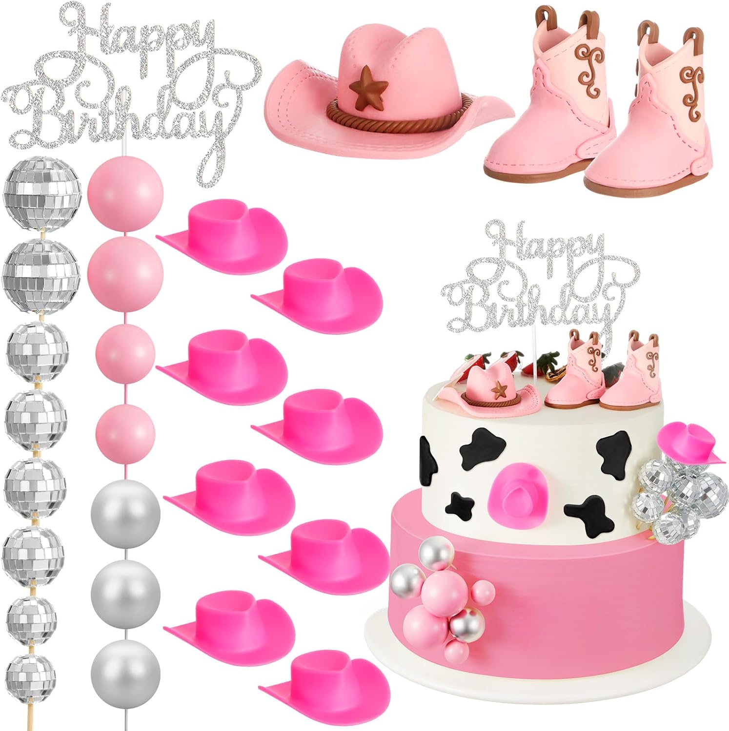 26 Pieces Pink Cowgirl Cake Decorations for Western Party