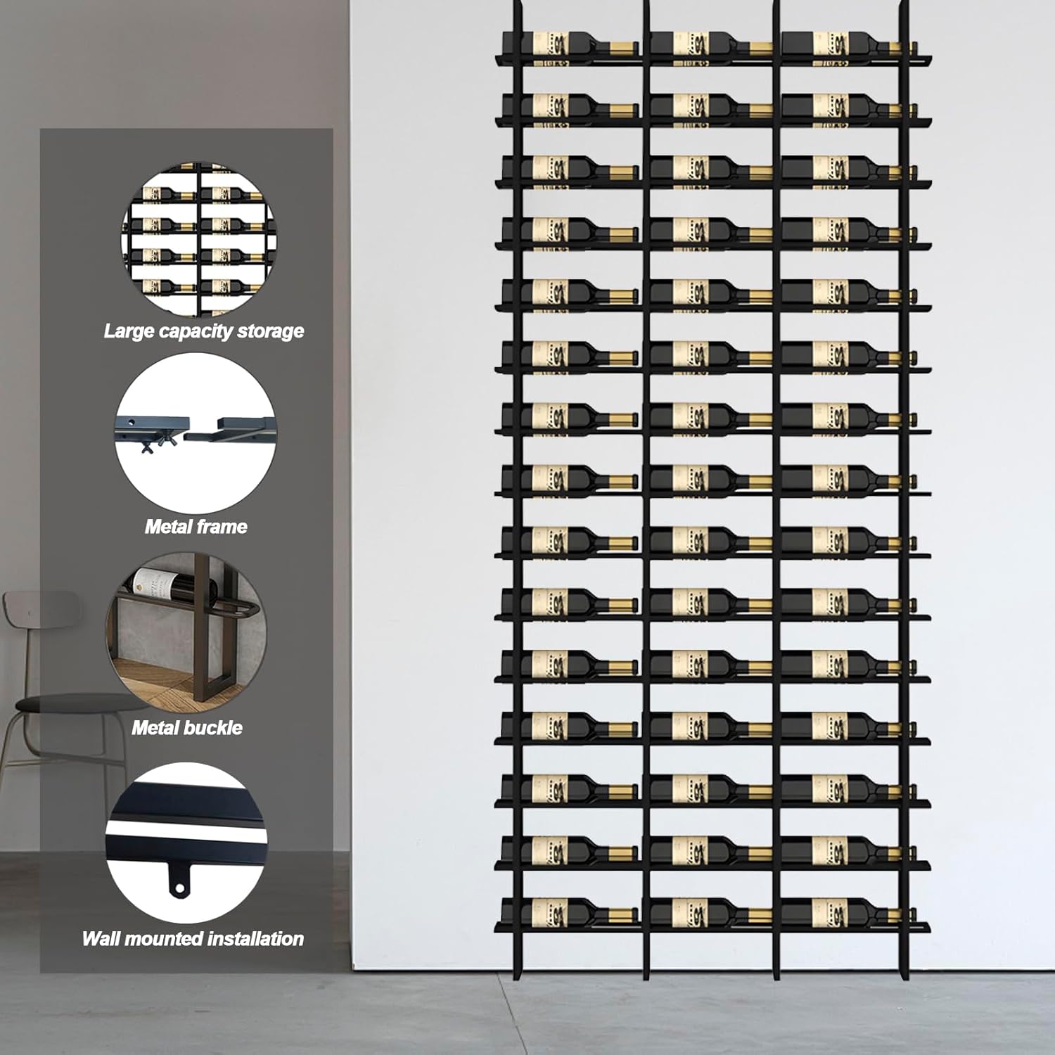 RAJYQODIS 16 Tier Wall Mounted Wine Rack - 80 Bottles Industrial Style Gold Finish