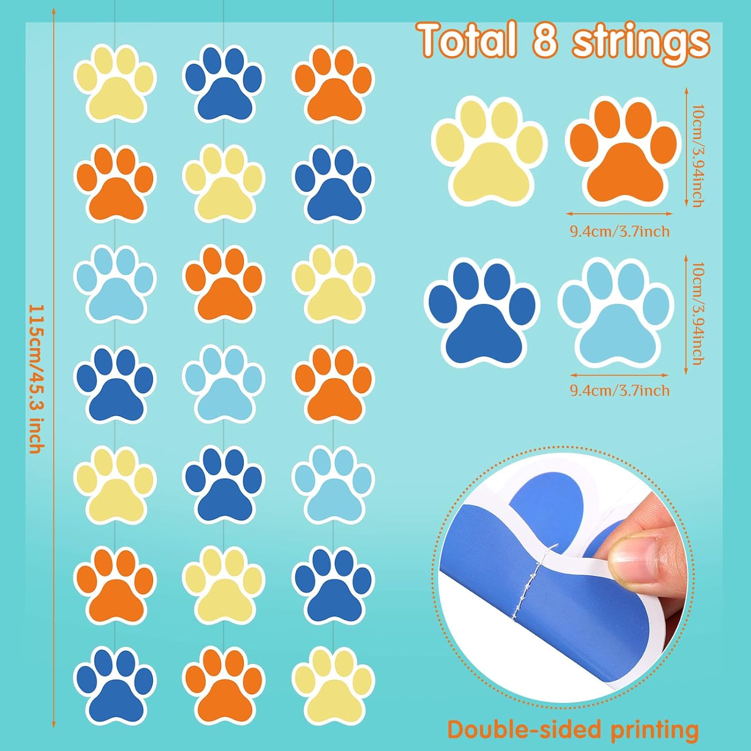 Duraaamo 8-Pack Dog Party Decor Blue Paw Print Garland