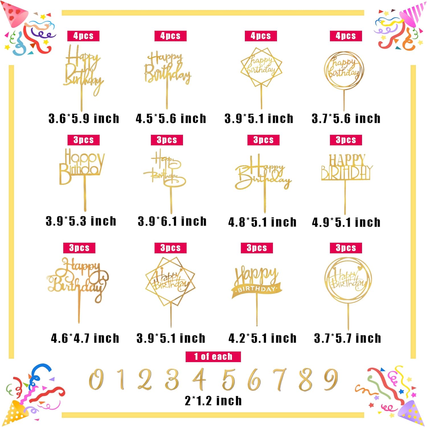 DRWATE 50 PCS Gold Birthday Cupcake Toppers for Decorations