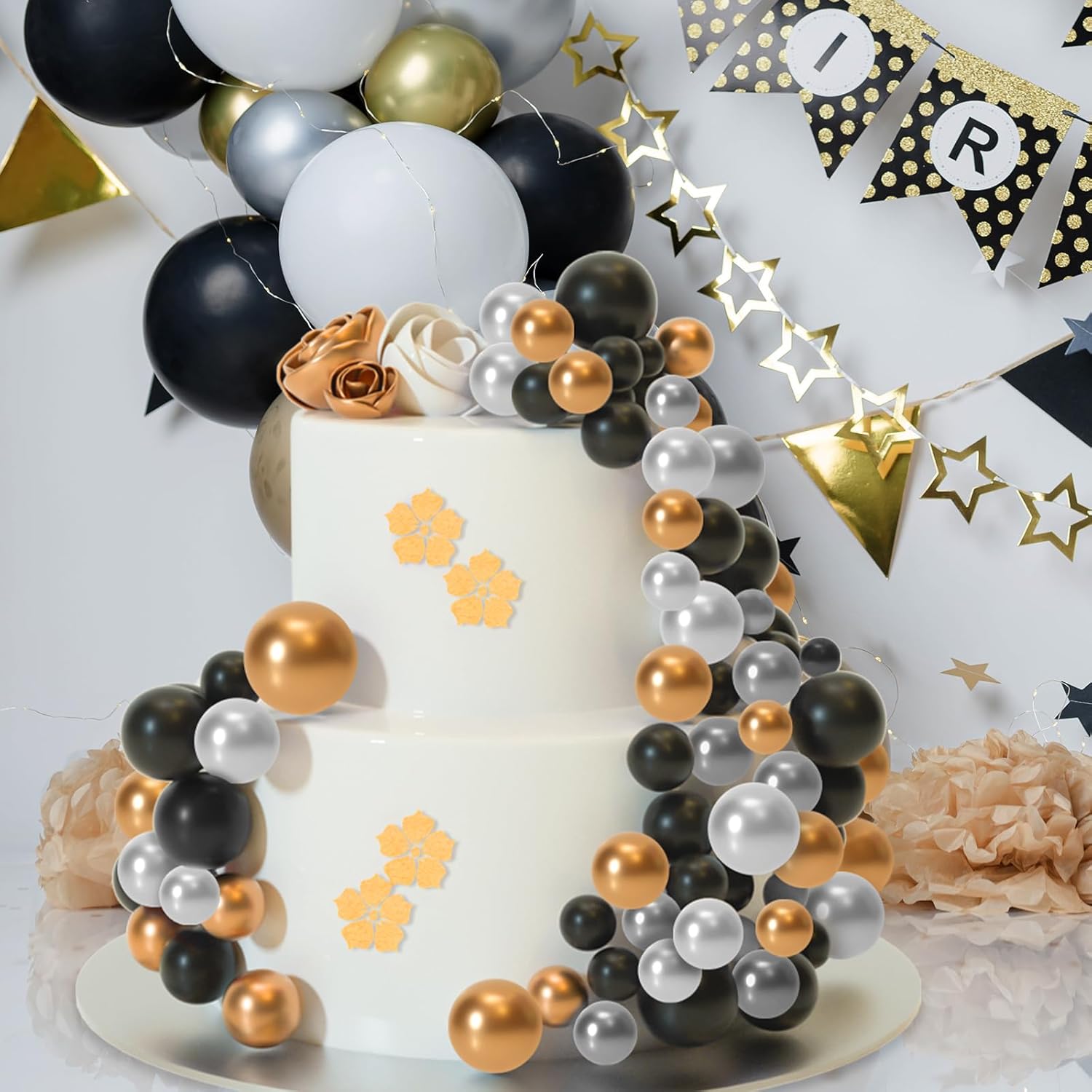 ASTARON 32 Pcs Gold Silver Black Foam Ball Cake Decorations