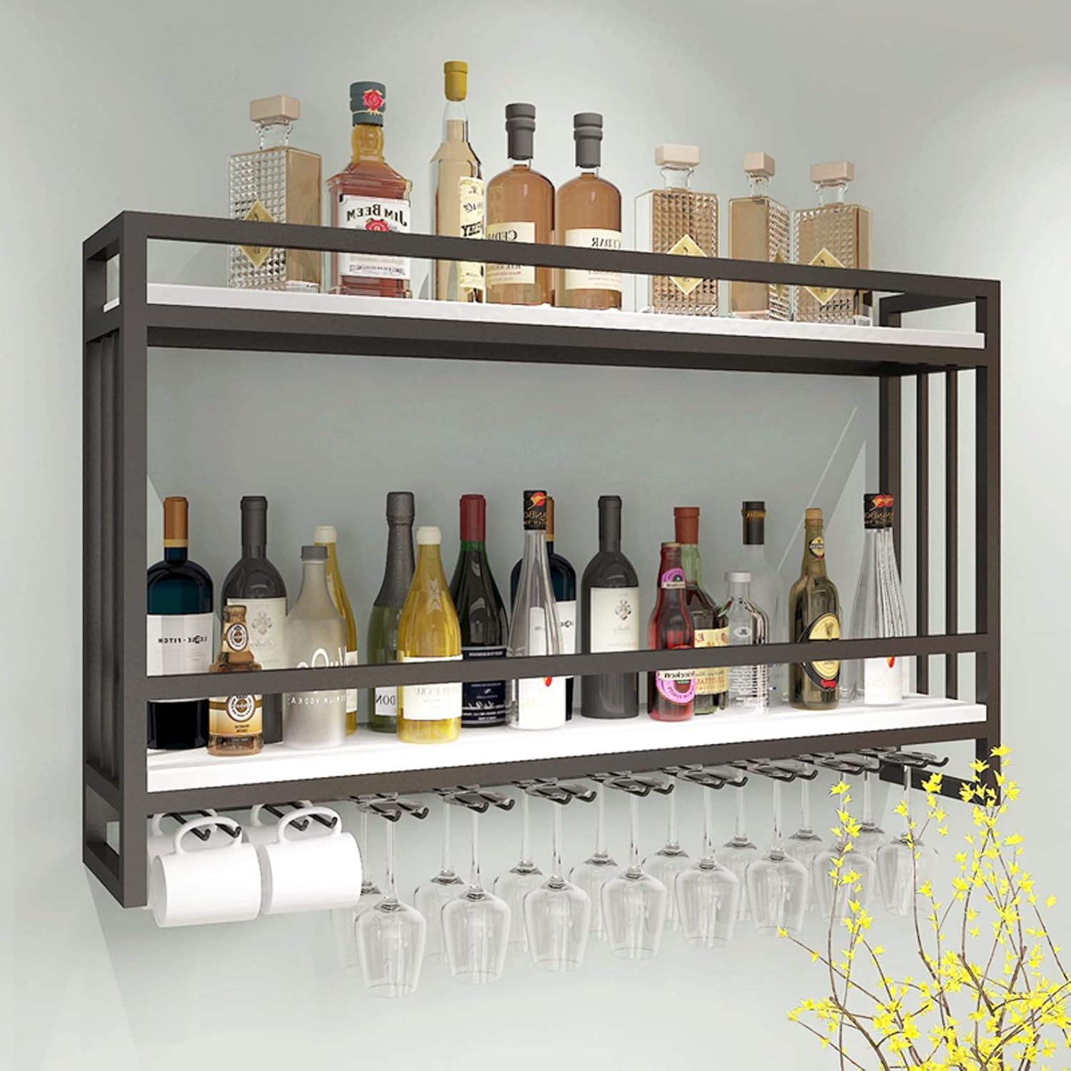 XONJEMU Wall Mounted 2 Layer Wine Rack with Glass Hooks GoldWhite