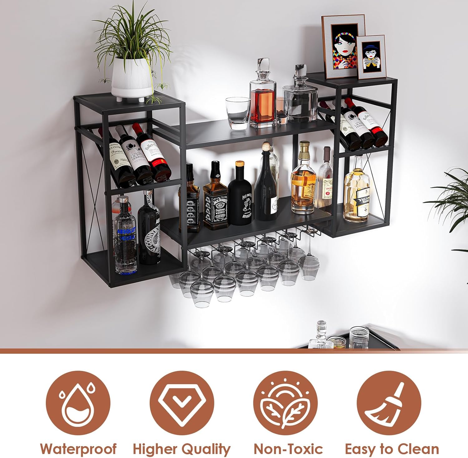 2-Tier Wall-Mounted Wine Rack with 6 Stem Glass Holder Black