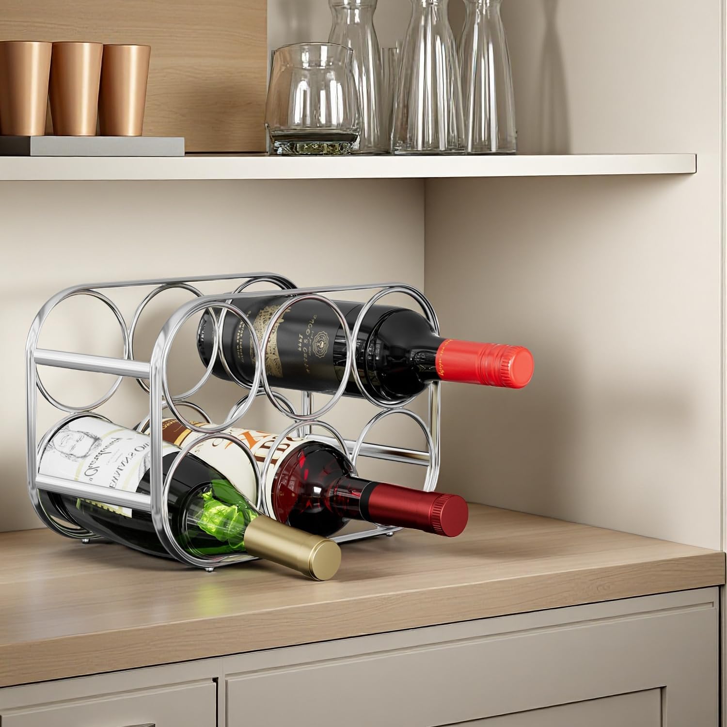 Buruis 6-Bottle Wine Rack Freestanding Metal Silver