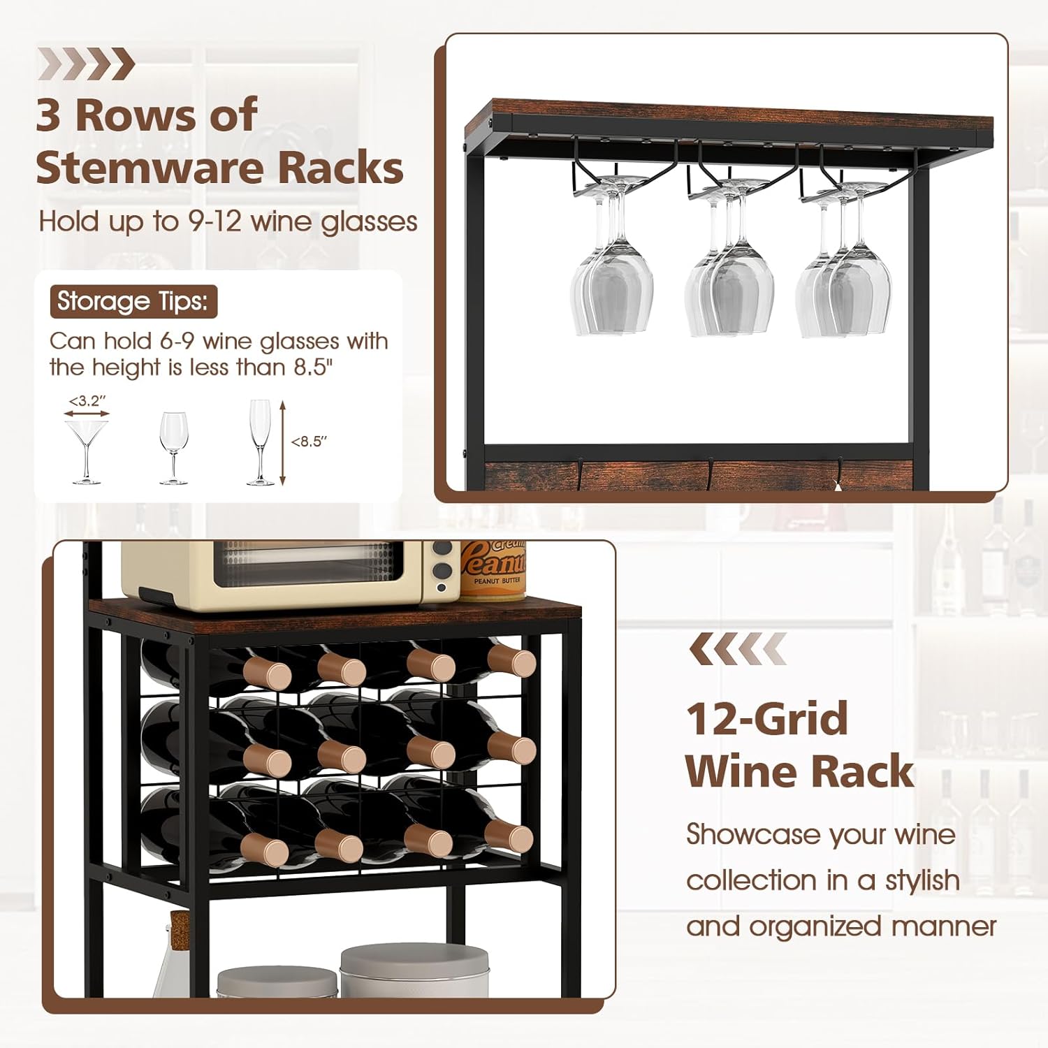 Giantex Freestanding Wine Rack with 12 Bottle Holders and 3 Glass Racks