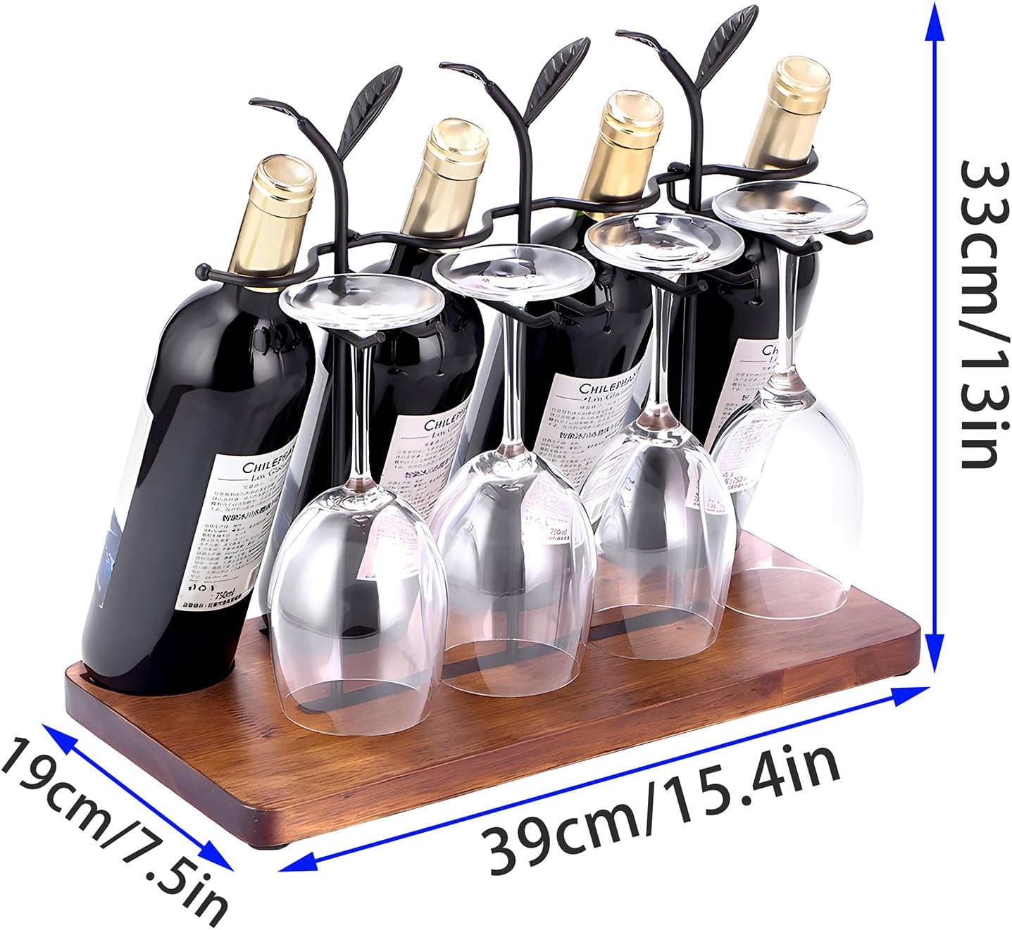 Laxioriew Wood Wine Bottle Holder for 4 Bottles and 4 Glasses