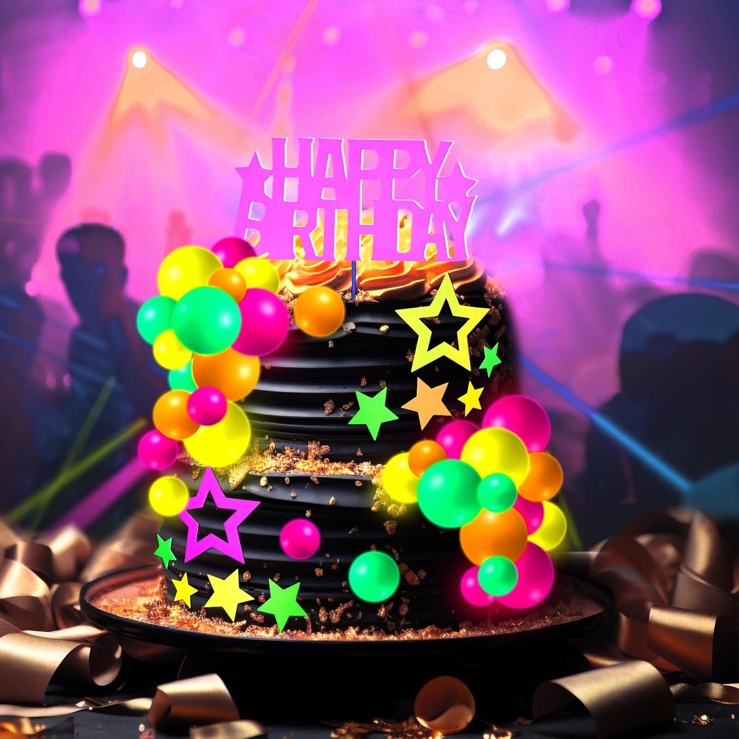 Wonderjune 57 Pcs Neon Glow Cake Toppers Decorations