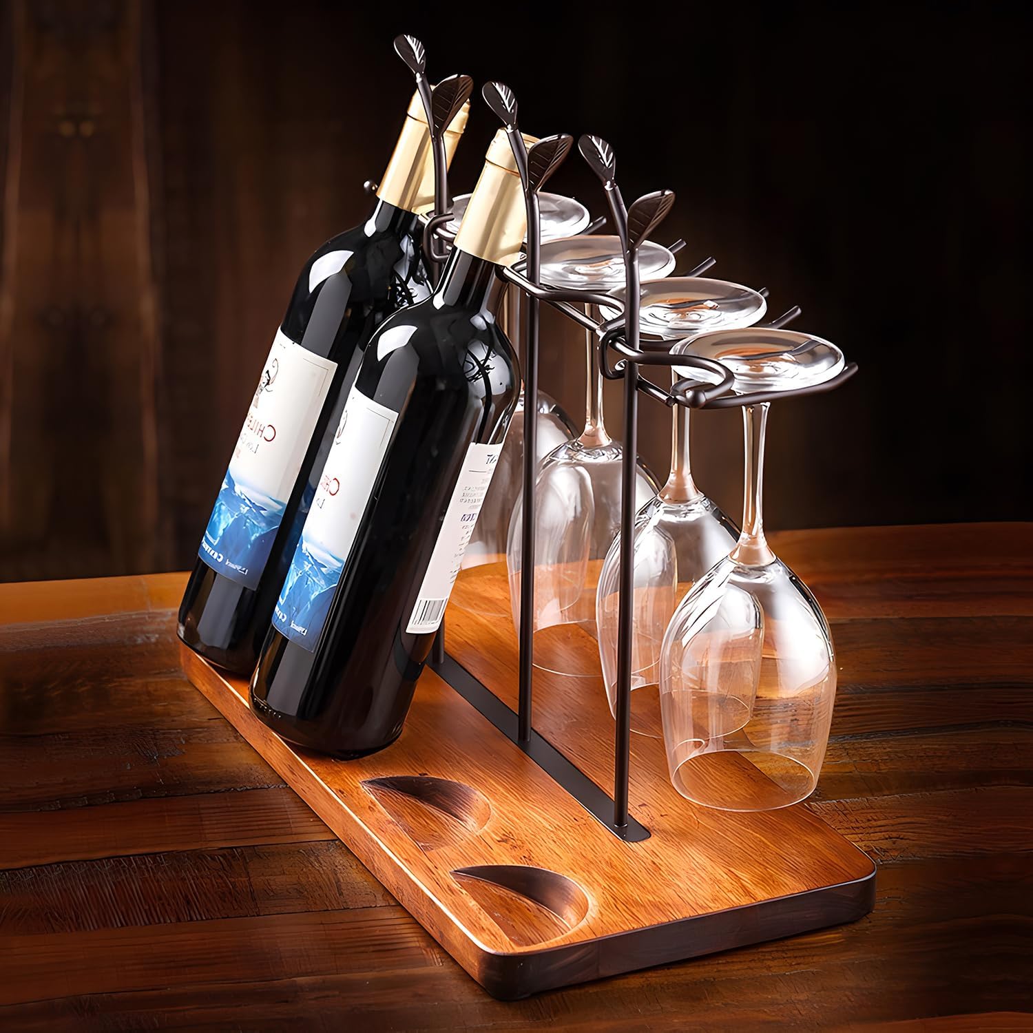 Laxioriew Wood Wine Bottle Holder for 4 Bottles and 4 Glasses