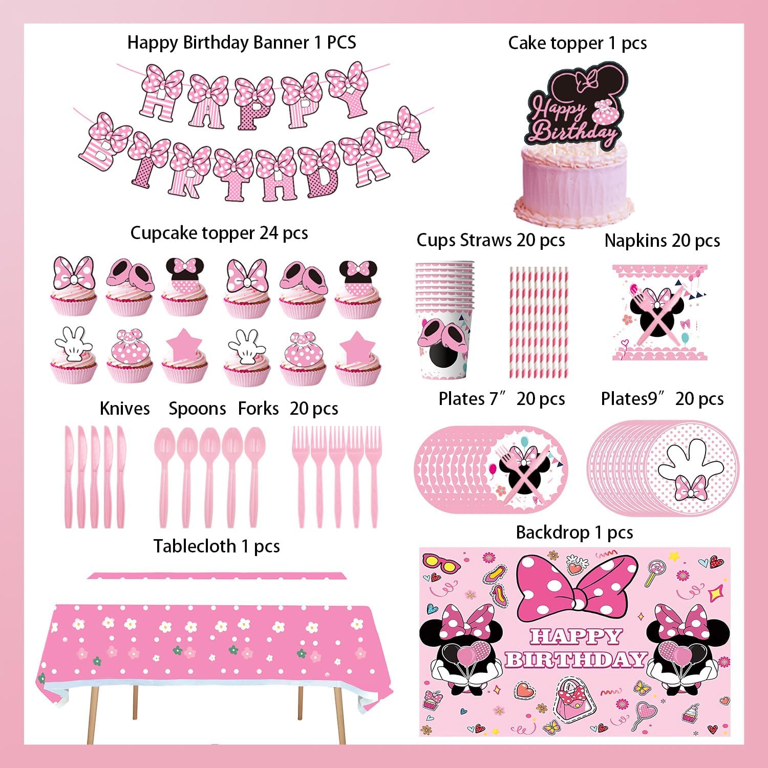288 PCS Pink Mouse Party Decorations for 20 Guests